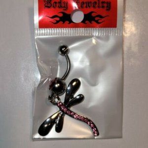 Dragonfly Gem Dangle 316L Surgical Steel Belly Button Navel Ring Pink